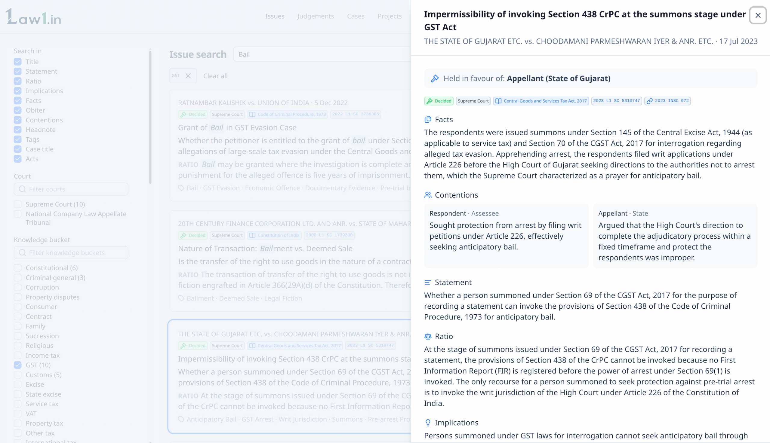 Law1 issue search showing extracted points of law for a GST query